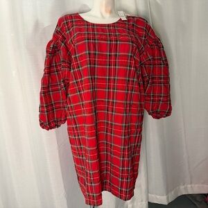 J.Crew Plaid Shift Dress 2X‎ Red Tartan Puff Sleeve Heritage Plaid Classic